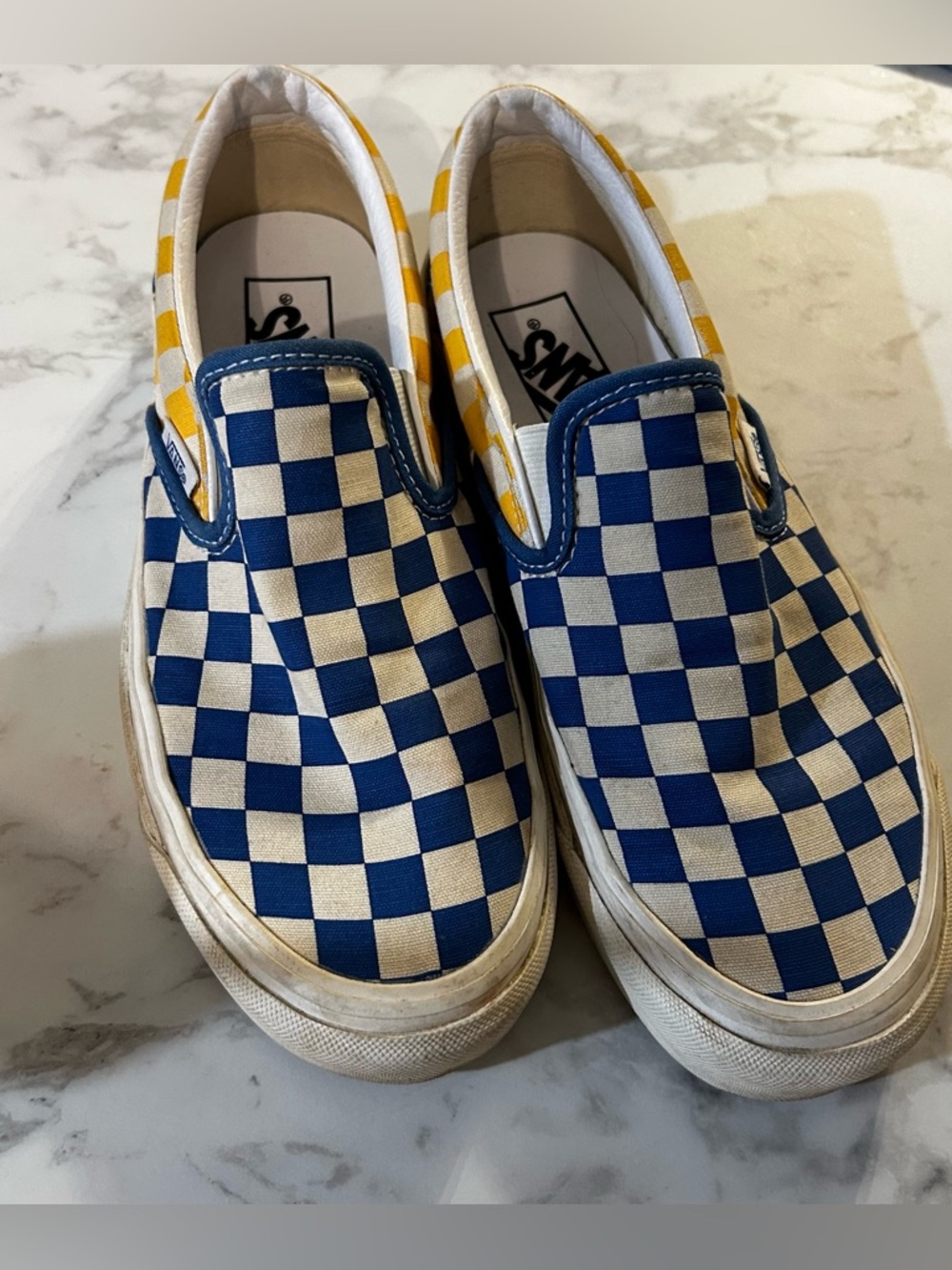 Vans Uni-sex Slip-On Checkerboard Sneakers - Blue, White & Yellow Trim